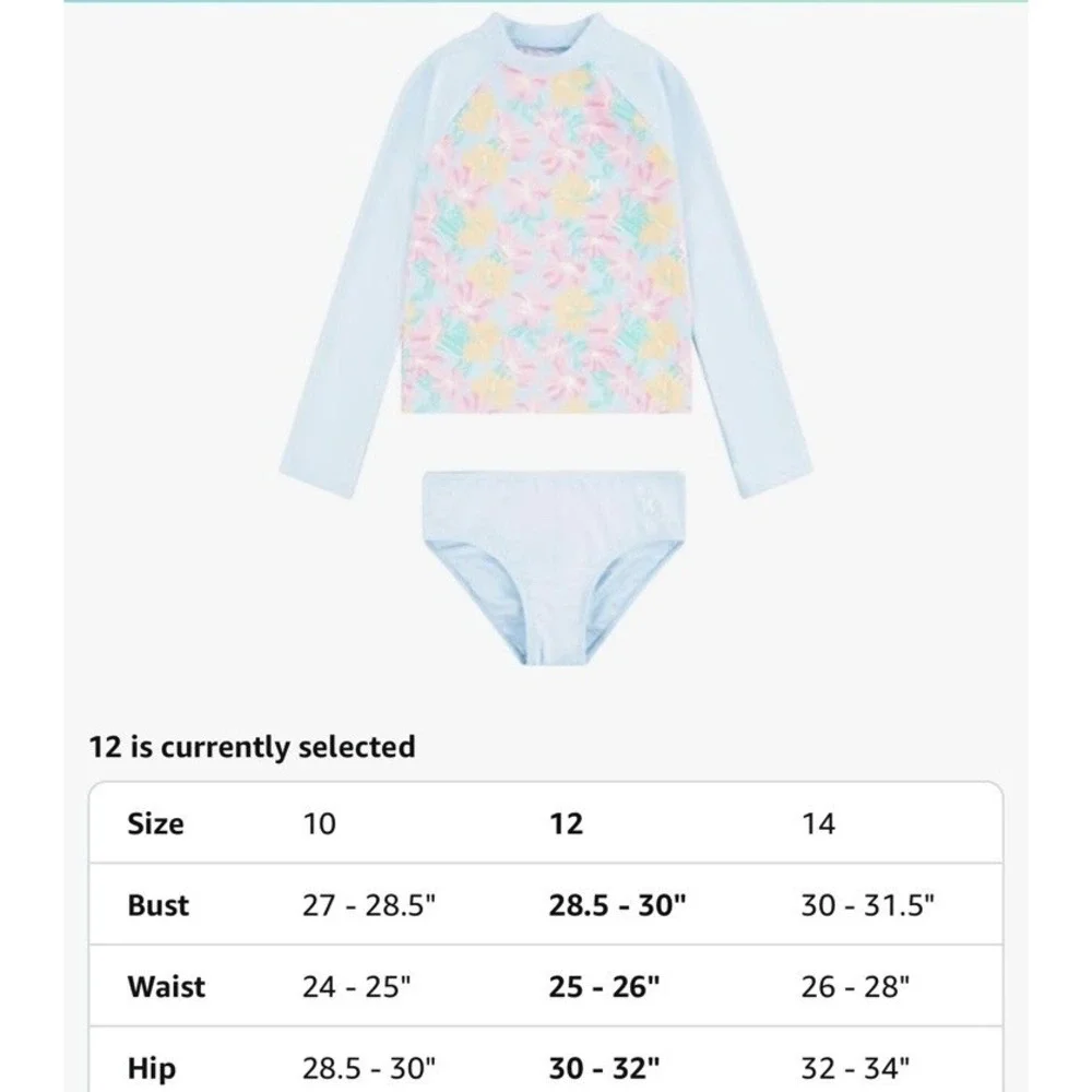 Hurley‎ Girls' 12 Long Sleeve Rash Guard Shirt 2-Piece Swimsuit 487775-BIC Blue